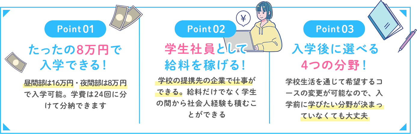 たったの8万円で入学できる！学生社員として給料を稼げる！入学後に選べる４つの分野！